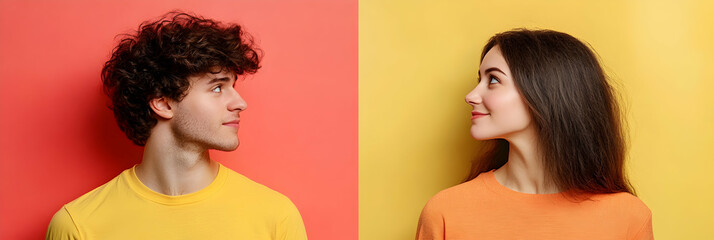 Studio Portrait, Young Couple Side Profile Against Vibrant Color Background