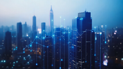 Obraz premium Smart digital city with connection cyber security network reciprocity over the twilight cityscape.future wireless digital city and social media networking systems that connects people within the city