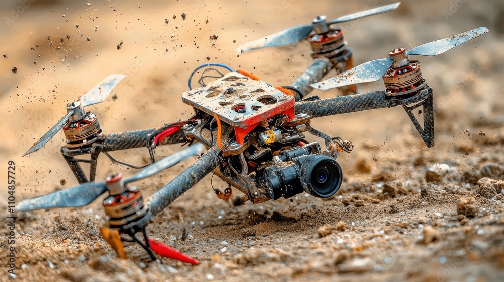 Poster closeup of a homemade drone rigged with small explosive standards outdoor setting technology showcas