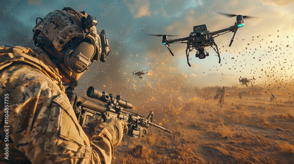 Aufkleber enhancing battlefield coordination soldiers and drones working together in combat scenarios for impr