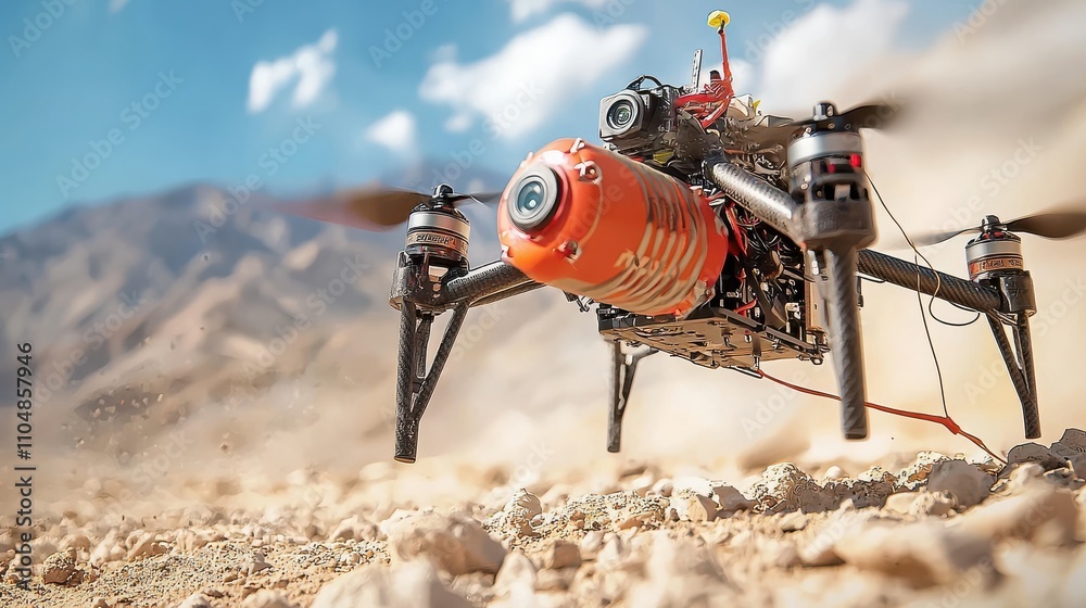 Poster Closeup of explosive payload attached to a diy drone outdoor testing environment aerial technology concept in action