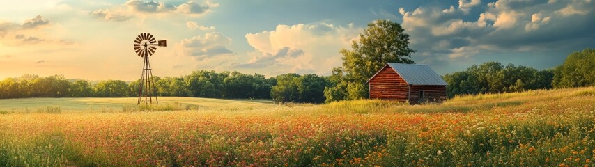 Tranquil Countryside with Historic Windmill, a serene rural landscape featuring a classic windmill embraced by vibrant wildflower fields, embodying charm and peace.