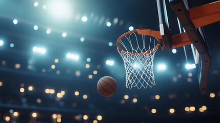 Basketball soaring towards hoop under bright arena lights during a competitive game