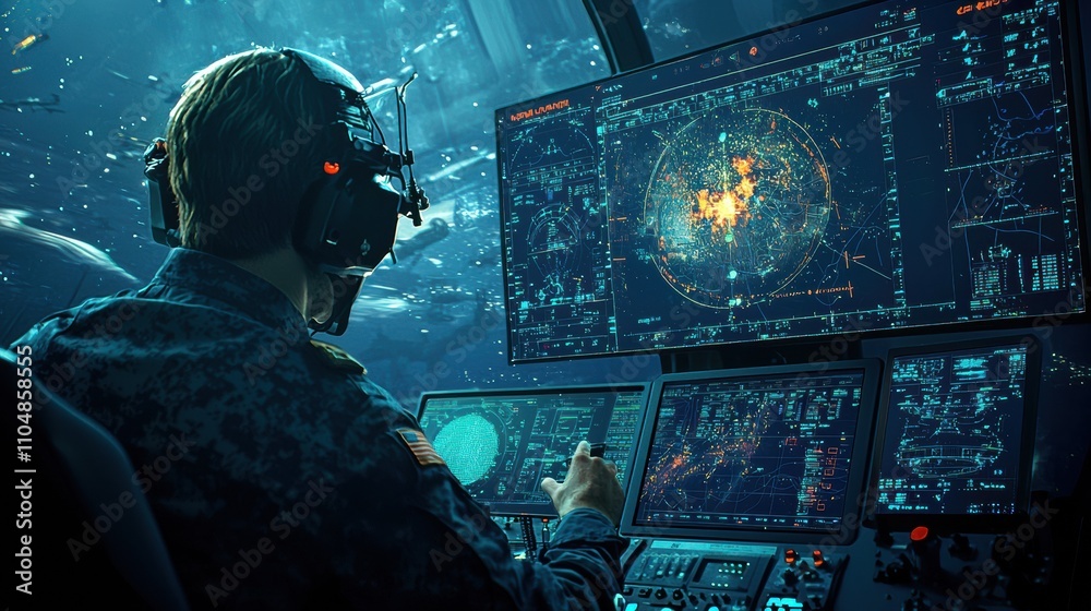 Aufkleber commanding officer monitoring live drone footage on a standard naval operations center video surveil