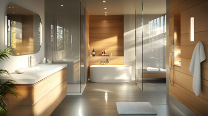 Modern bathroom design with wooden accents and luxurious features in natural light