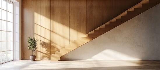 Obraz premium Minimalist interior design with wooden stairs and a plant in a pot. The stairs lead up to a wooden wall with sunlight streaming through a window.