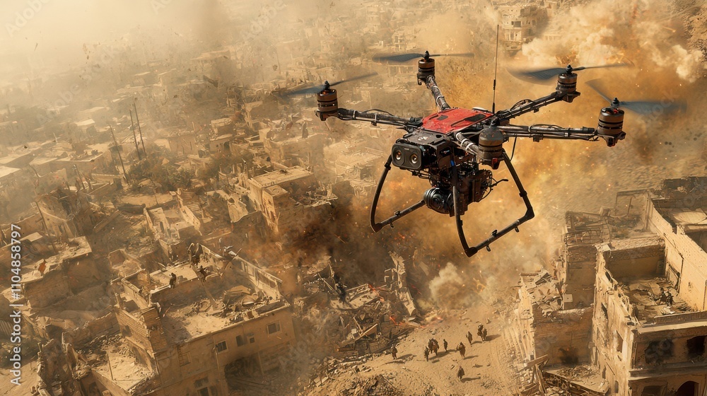 Aufkleber Drone delivery of explosives to fortified location a high-stakes action sequence in a war-torn environment from an aerial viewpoint