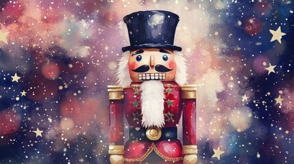 Festive Nutcracker Soldier Christmas Watercolor Painting Stars Winter Wonderland