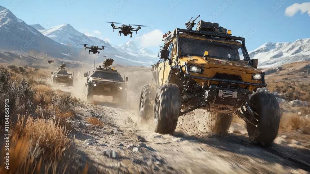 Poster strategic assault diy drones in formation targeting enemy convoy in mountainous terrain – tactical w