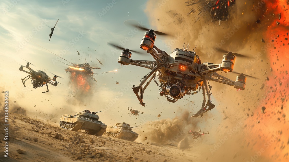 Poster Coordinated assault diy drones in formation targeting enemy convoy in arid terrain action-packed military simulation