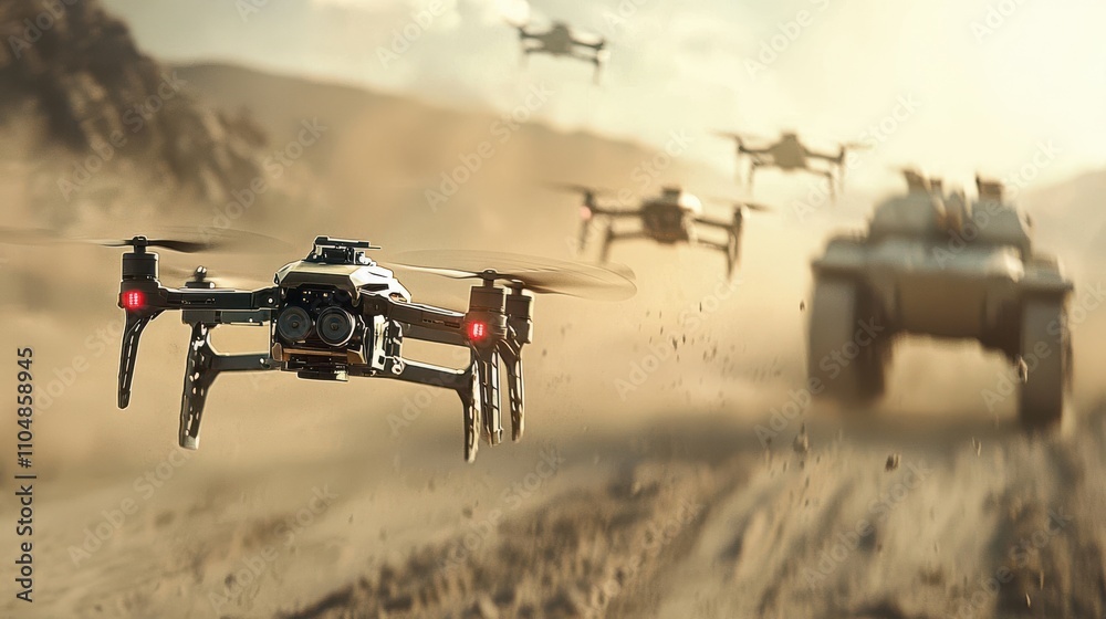 Aufkleber coordinated assault diy drones in formation targeting enemy convoy in desert terrain - action-packed