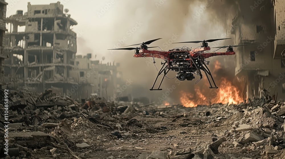 Poster drone operation in war-torn city utilizing makeshift materials and explosives for tactical advantage