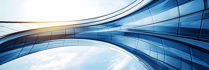 Obraz premium Abstract Blue Glass Architecture, Curving Structure Ascends Towards a Bright Sky, Creating a Dynamic and Futuristic Design.