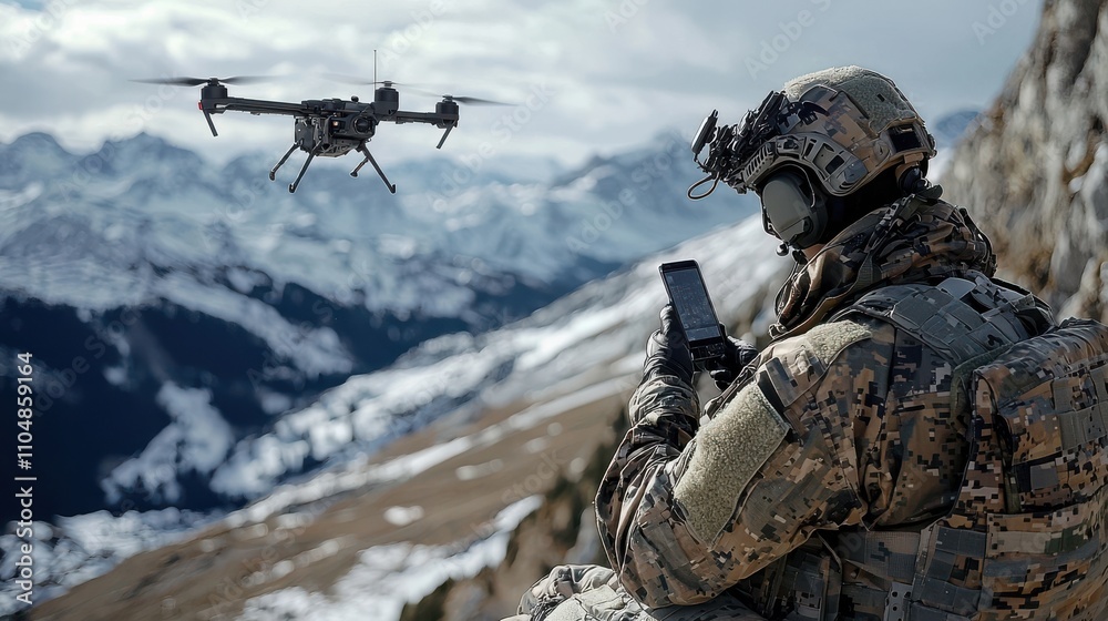 Aufkleber drone operator in full combat gear piloting armed drone mountains military action rugged terrain aer