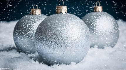 Sparkling Silver Ornaments on Snowy Background