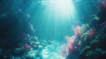 Underwater scene with vibrant corals illuminated by sunlight filtering through water.