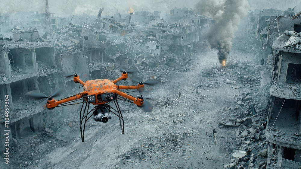 Aufkleber drone with improvised rocket system navigating through urban ruins war-torn environment aerial view 