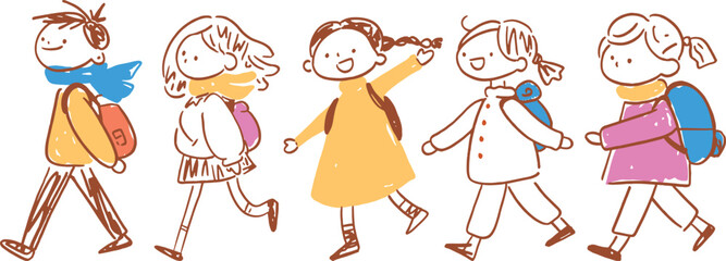 Cute Kids going to school Hand Drawn Drawing Elementary School Vector Illustration