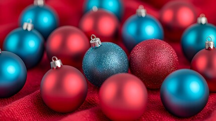 Colorful Christmas Ornaments on Red Fabric