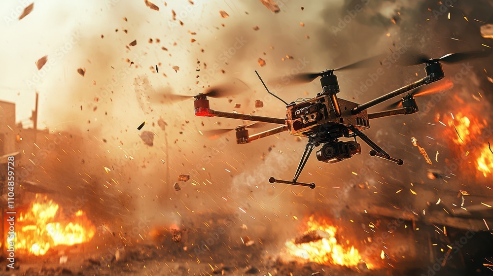 Poster Explosive drone attack simulation urban environment action sequence technology showcase aerial view homemade quadcopter concept for military applications