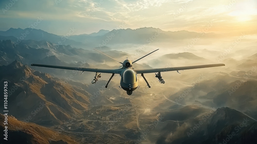 Poster improvised combat drone maneuvering low to evade detection in remote mountainous terrain a tactical 