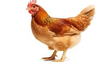 Fototapeta premium Brown Hen Portrait: A close-up portrait of a brown hen with vibrant plumage, showcasing the intricate details of its feathers and its alert, curious gaze. The hen stands on a white background.