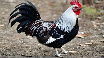 Majestic Rooster in the Wild: A striking silver laced Wyandotte rooster stands proudly amidst nature's earthy tones.