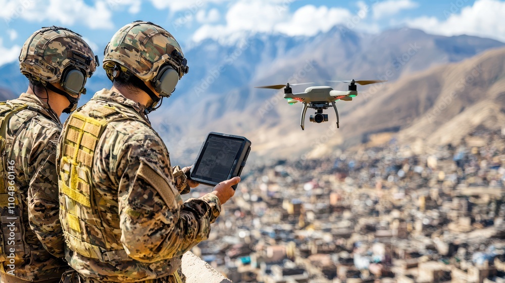 Poster military reconnaissance team deploying small handheld drone in mountainous terrain aerial surveillan