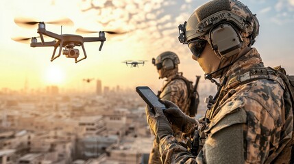 Fototapeta premium Military reconnaissance team deploying small handheld aeac standard urban landscape action scene technology focus aerial view for enhanced surveillance insights