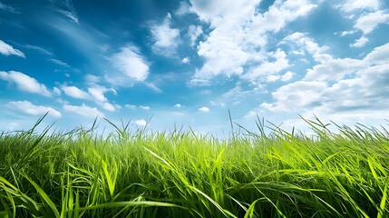 Obraz premium A vibrant green field of grass stretches towards a bright blue sky dotted with fluffy white clouds. The image captures the beauty of a sunny day and the freshness of nature.