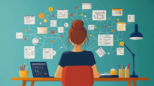 A woman sits at a desk with a laptop and papers, looking at a wall covered in notes and diagrams, representing the complex process of organizing information and ideas.
