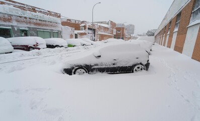 Impressive snowfall in Torrejon de Ardoz (Madrid) in the storm called Filomena,