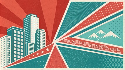 Retro urban landscape with mountains and vibrant patterns