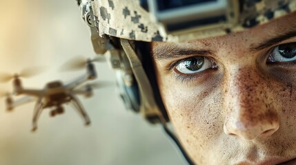 Soldier guiding armed drone with wrist-mounted device in combat zone military operations aerial warfare technology tactical environment close-up perspective innovative warfare guidance