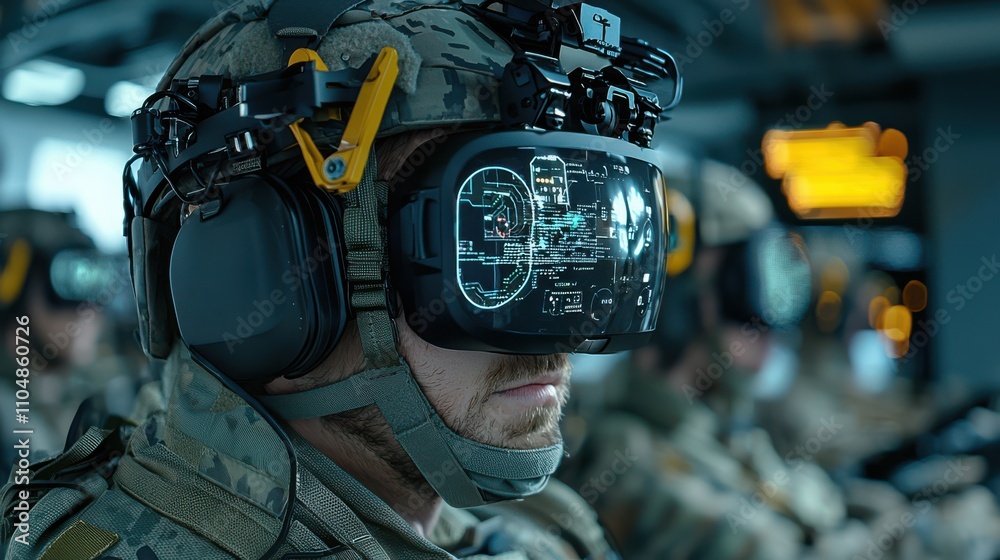 Poster soldier using augmented reality goggles to control tactical operations in military training environm