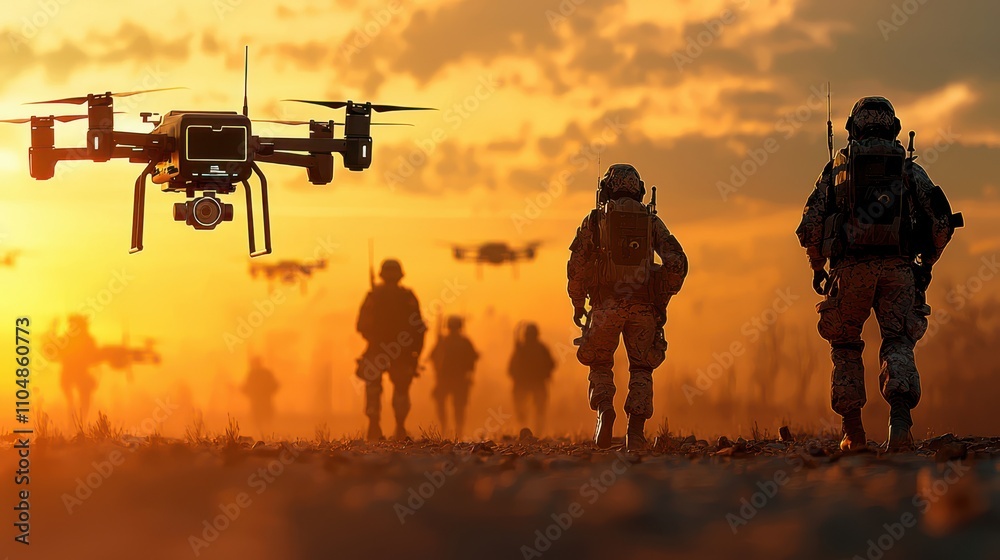 Poster soldiers coordinating with autonomous drones for strategic operations military training ground multi