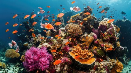 Naklejka premium Vibrant coral reef teeming with colorful fish and marine life.