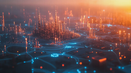 Obraz premium Smart digital city with connection cyber security network reciprocity over the twilight cityscape.future wireless digital city and social media networking systems that connects people within the city 