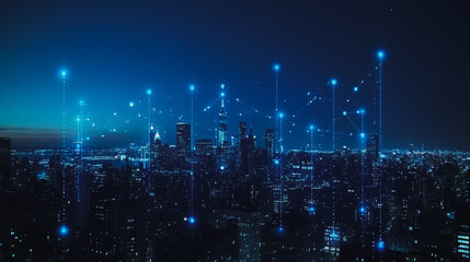 Smart digital city with connection cyber security network reciprocity over the twilight cityscape.future wireless digital city and social media networking systems that connects people within the city	