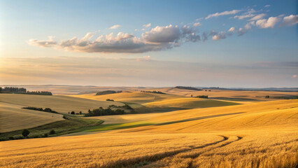 Fototapeta premium Golden fields under a serene sky at sunset