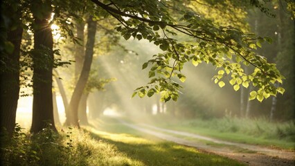 Obraz premium Serene forest pathway illuminated by soft sunlight