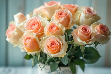 Obraz premium A bouquet of pale pink roses in a white vase, with a soft, blurry background.