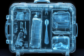 X-ray view of a suitcase filled with various travel essentials.