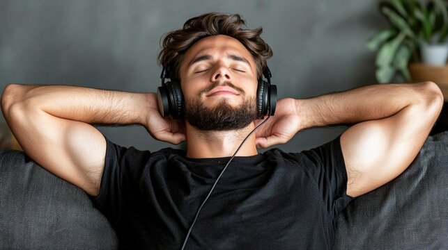 Relaxed Man Listening to Music on Couch at Home Peaceful Calm Serene