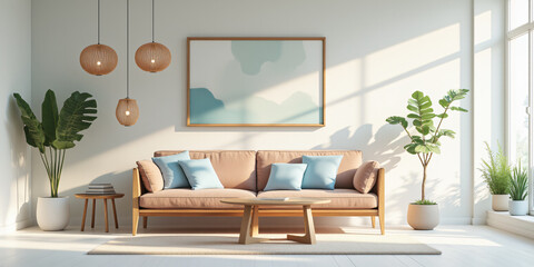 Fototapeta premium A stylish living room with a beige sofa and colorful cushions, adorned with hanging lanterns and plants, creating a warm and inviting space for relaxation.