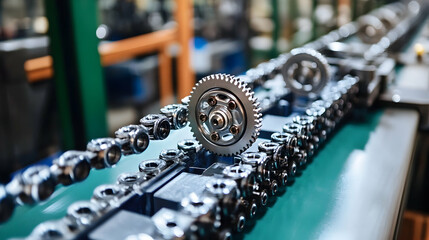 Industrial Metal Gear Chain on Conveyor Belt, Precision Manufacturing Process