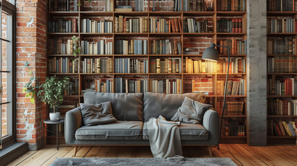 Cozy reading nook with plush gray sofa, floor lamp, and wooden bookshelf against industrial brick wall backdrop. Modern minimalist home library interior design.”