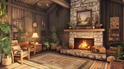 Cozy Cabin Retreat: A Rustic Living Room with Fireplace