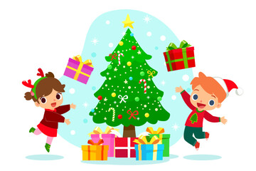 kids in christmas costume celebrating with gift box and christmas tree