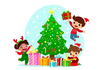 children in christmas costume with christmas tree opening gift box